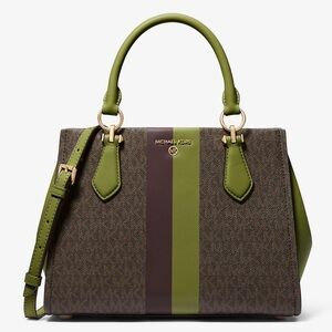 NWT Michael Kors Marilyn Medium Logo Striped Satchel, Meadow Green/Brown